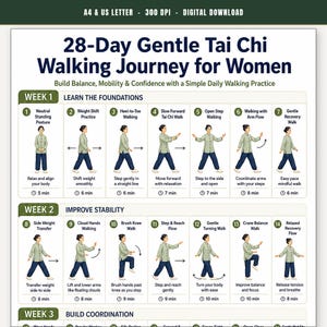 Könnte beinhalten: Ein digitaler Download-Plan mit dem Titel 28-Day Gentle Tai Chi Walking Journey for Women, der Illustrationen verschiedener Bewegungen enthält, die nach Wochen geordnet sind. Der Text umfasst Anleitungen für die tägliche Praxis und Übungen.