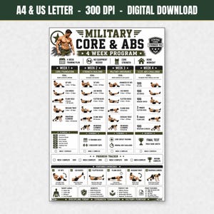 May include: A white and olive green digital workout chart titled Military Core & Abs 4 Week Program. It features a muscular figure, exercise illustrations, weekly schedules, and a progress tracker. Text includes Core Foundation, Strength Building, Military Endurance, and Elite Abs Challenge.
