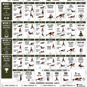 May include: A 30-day military calisthenics workout plan poster featuring a grid of daily exercises, illustrations of movements, a progress tracker, and an exercise guide. The text includes Beginner Military Calisthenics, 30 Day Plan, and Discipline Strength Victory No Excuses.