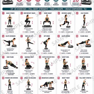 May include: A vibration plate exercise chart featuring twenty numbered workout illustrations, including basic stance, squats, lunges, and planks. The poster includes text labels for exercises, benefits, target muscles, and a workout programme guide.