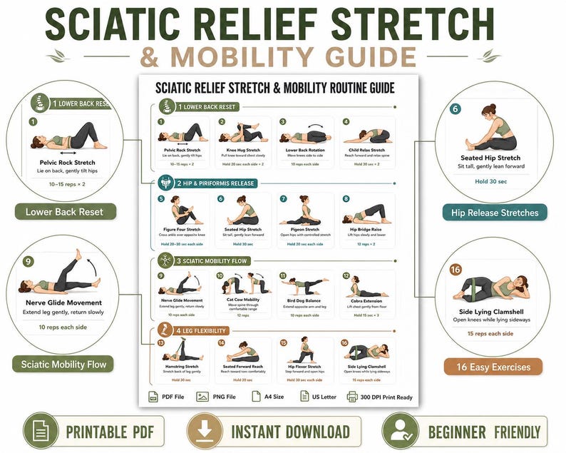 Sciatica Pain Relief Exercises, Lower Back Stretch Routine, Sciatic Nerve Glide Mobility Chart, Physical Therapy, Hip & Piriformis Stretches