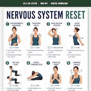 Op de afbeelding: Een digitale poster getiteld Nervous System Reset met acht genummerde illustraties van een persoon in een blauwe tanktop die oefeningen uitvoert zoals middenrifademhaling, schouderrollen, nekstrekkingen en borstopeners met instructies.