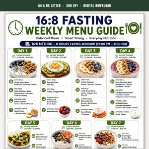 May include: A digital 16:8 fasting weekly menu guide featuring a seven-day meal plan. The document includes text for daily eating windows from 12:00 PM to 8:00 PM, meal descriptions, and food photography for each day. It is formatted for A4 and US Letter.