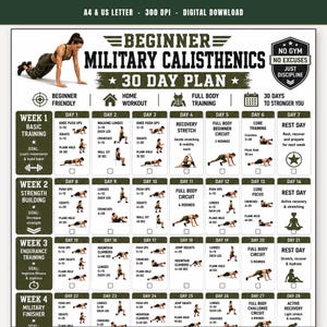 May include: A digital download of a 30-day beginner military calisthenics plan. The chart features a 4-week workout schedule with daily exercises, illustrations of movements, and a shield logo with the text No Gym No Excuses Just Discipline.