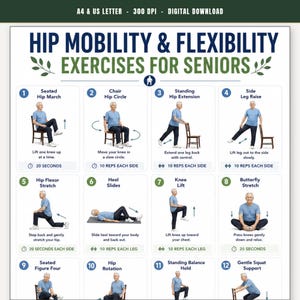 Hip Mobility & Flexibility Exercises for Seniors, 16 Gentle Hip Stretches Chart, Joint Care Routine Printable Poster PDF
