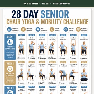 28 Day Chair Yoga Challenge for Seniors, Daily Seated Yoga & Mobility Calendar, Gentle Flexibility Routine Chart Poster PDF