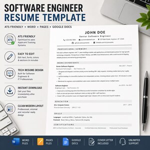 May include: A software engineer resume template featuring a clean, professional layout with sections for professional summary, work experience, education, skills, and certifications. The document includes placeholder text for John Doe.