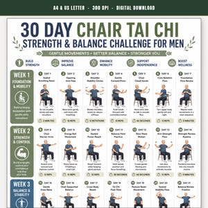 Op de afbeelding: Een digitaal 30-dagen stoel Tai Chi kracht- en balansuitdagingsschema. Het document bevat een rasterindeling met dagelijkse oefeninstructies, illustraties van een persoon op een stoel en tijd- of herhalingsaantallen voor elke beweging.