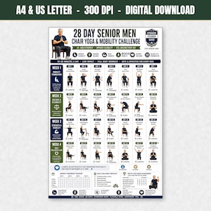 May include: A digital download poster titled 28 Day Senior Men Chair Yoga & Mobility Challenge. The chart features a 4-week exercise schedule with daily illustrations of a person performing seated yoga poses, progress trackers, and checklists.