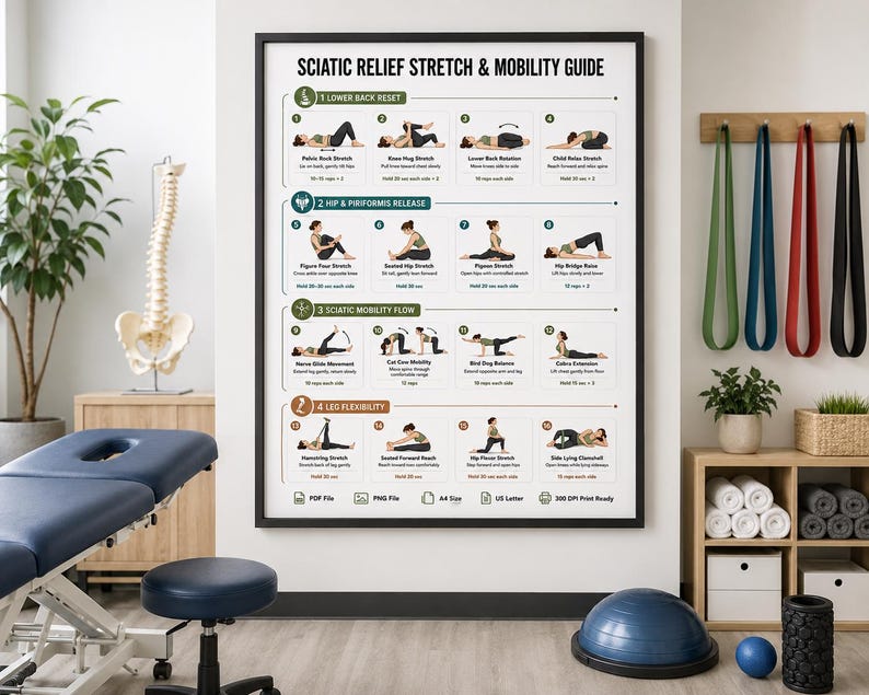 Sciatica Pain Relief Exercises, Lower Back Stretch Routine, Sciatic Nerve Glide Mobility Chart, Physical Therapy, Hip & Piriformis Stretches