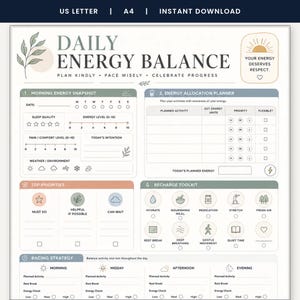May include: A printable daily energy balance planner sheet with sections for morning energy snapshot, energy allocation, top priorities, recharge toolkit, and pacing strategy. The document features soft pastel colors, line art icons, and text.