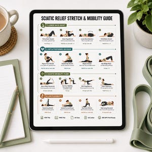Sciatica Pain Relief Exercises, Lower Back Stretch Routine, Sciatic Nerve Glide Mobility Chart, Physical Therapy, Hip & Piriformis Stretches