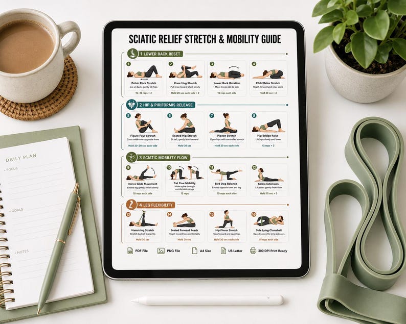 Sciatica Pain Relief Exercises, Lower Back Stretch Routine, Sciatic Nerve Glide Mobility Chart, Physical Therapy, Hip & Piriformis Stretches