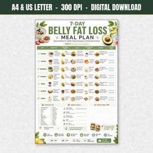 Plano alimentar de 7 dias para perda de gordura abdominal (imprimível), planejador semanal de refeições e lista de compras, tabela de alimentação saudável e balanceada para mulheres, PDF de preparação de refeições.