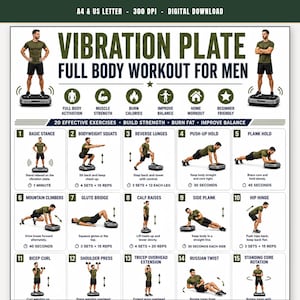 May include: A digital workout chart titled VIBRATION PLATE FULL BODY WORKOUT FOR MEN featuring illustrations of 15 exercises. The poster includes text for A4 and US letter sizes, 300 DPI, and digital download, with icons for fitness benefits.