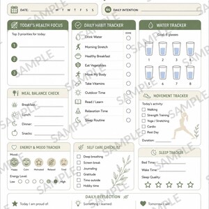 May include: A Daily Health Habits Planner page featuring sections for a wellness tracker, self-care, and routine builder. It includes trackers for water, movement, mood, energy, sleep, and daily reflections, decorated with green leaf illustrations.