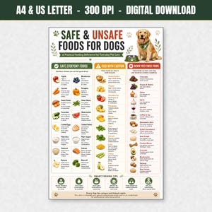May include: A digital educational chart titled Safe & Unsafe Foods for Dogs, featuring a golden retriever illustration. It lists safe foods, foods to feed with caution, and unsafe foods in three columns with icons, text, and feeding tips.