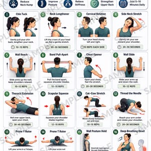Könnte beinhalten: Ein Lehrplakat mit dem Titel Tech Neck & Posture Reset Blueprint, das 16 nummerierte Übungsillustrationen mit Textanweisungen zur Nackenausrichtung, Schulterposition und Mobilität des oberen Rückens sowie tägliche Routinen und Vorteile enthält.