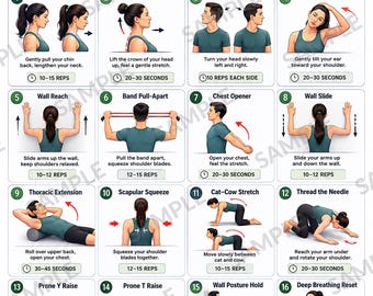 Ejercicios para corregir la postura y el cuello causados por el uso de la tecnología, tabla con 16 estiramientos diarios para el cuello y la parte superior de la espalda, póster de movilidad para trabajadores de oficina en formato PDF.