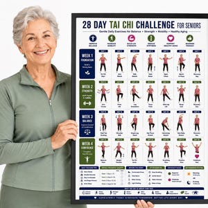 May include: A framed 28 Day Tai Chi Challenge for Seniors poster featuring a four-week exercise schedule with daily illustrations of movements, text headers for weekly goals, success tips, a progress tracker, and a difficulty scale in a black frame.