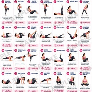 Peut inclure: Un tableau d'exercices de 28 jours pour un ventre plat comprenant 28 exercices de gainage numérotés, illustrés par une personne en tenue de sport rose, avec des instructions textuelles, le nombre de répétitions et des titres motivants.