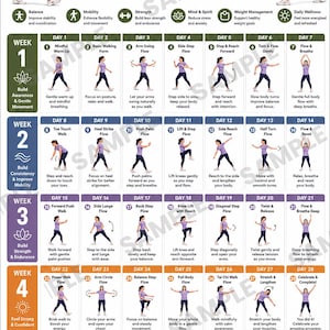 May include: A 28-day walking Tai Chi challenge chart featuring daily exercise illustrations, instructional text, and a progress tracker. The layout includes four weekly sections with numbered steps, icons for wellness goals, and a bottom tracker for daily use.