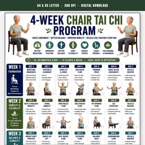 4 Week Chair Tai Chi Program for Seniors, Seated Tai Chi Plan with Progress Tracker, Gentle Daily Mobility Chart PDF