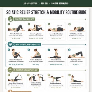 May include: A digital guide titled Sciatic Relief Stretch & Mobility Routine Guide featuring twelve numbered illustrations of exercises. The chart is divided into three sections: Lower Back Reset, Hip & Piriformis Release, and Sciatic Mobility Flow.