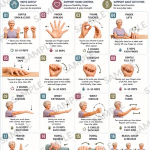 May include: An instructional poster titled Strong Hands, Active Life: Hand & Wrist Mobility Exercises for Seniors. It features 16 numbered illustrations demonstrating gentle movements to improve grip strength, flexibility, and coordination.
