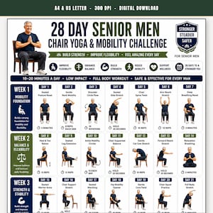 May include: A digital 28-day senior men chair yoga and mobility challenge chart. The document features a daily exercise schedule with illustrations of a person performing movements on a chair, including text labels for each day and weekly goals.