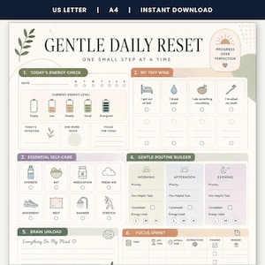 May include: A digital planner page titled Gentle Daily Reset with sections for energy checks, tiny wins, self-care, routine building, brain unloading, and focus sprints. The layout features soft pastel colors, icons, and text prompts for daily tracking.