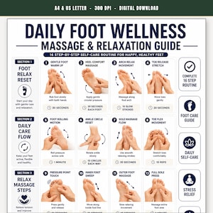May include: A digital guide titled Daily Foot Wellness Massage & Relaxation Guide featuring 16 step-by-step illustrations of foot massage techniques, including warm-ups, arch relaxation, toe stretches, and sole pressure points with text instructions.
