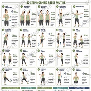 May include: A Morning Lymphatic Drainage Reset Workout chart featuring a 20-step routine with illustrations of a person performing exercises. The document includes sections for benefits, quick tips, a daily checklist, and print feature specifications.