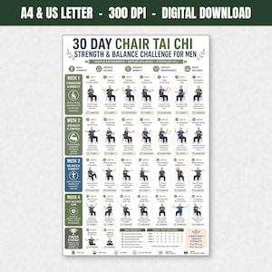 May include: A 30-day chair Tai Chi strength and balance challenge chart for men. The poster features a grid of daily exercises with illustrations of a person in a chair, text instructions, and a progress tracker. The color palette is green, white, and dark blue.