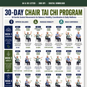 30 Day Seated Chair Tai Chi Program for Seniors Printable, Tai Chi Routine, Daily Chair Exercise Program for Seniors, Balance and Mobility