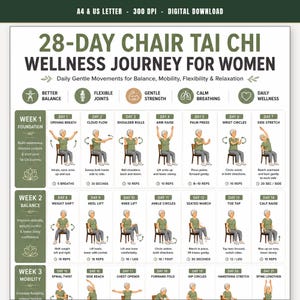 28 Day Chair Tai Chi Journey for Women, Daily Seated Movement Calendar with Progress Tracker, Gentle Wellness Chart PDF