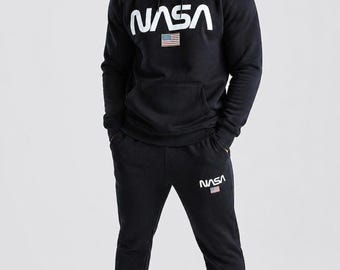 Conjunto deportivo para hombre con estampado espacial negro, sudadera con capucha y pantalones de chándal, ropa urbana, regalo perfecto.