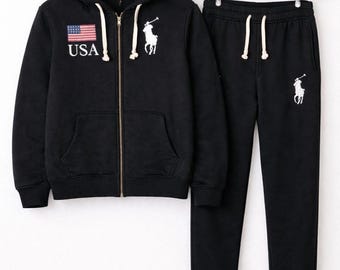 Mens Black Fleece Hoodie Joggers Set USA Polo Style Sweatsuit Zip Hoodie Tracksuit