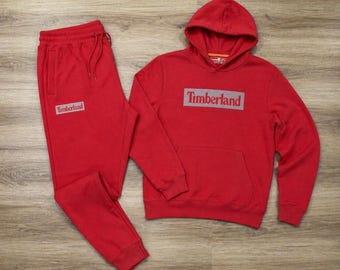 Mens Red Fleece Timberland Tracksuit Hoodie Joggers Sweatsuit Bold Streetwear Matching Set Gift Outfit