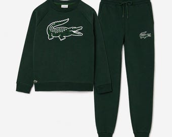 Mens Lacoste Style Dark Green Tracksuit Sweatshirt Joggers Sweatsuit Crocodile Graphic Streetwear Gift Set