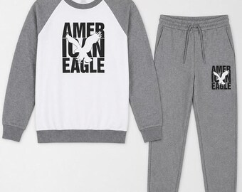 Mens American Eagle Raglan Sweatsuit Hoodie Joggers Printed Logo Fleece Tracksuit Polo Streetwear