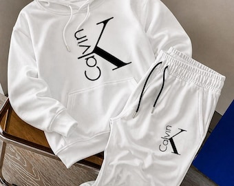 Conjunto deportivo minimalista blanco para hombre, sudadera con capucha y pantalones de chándal, ropa urbana de lujo, regalo a juego