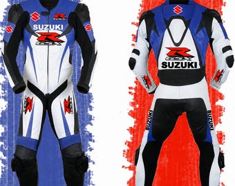 Mono de competición para moto Suzuki GSX-R – Piel de vacuno, protección CE.