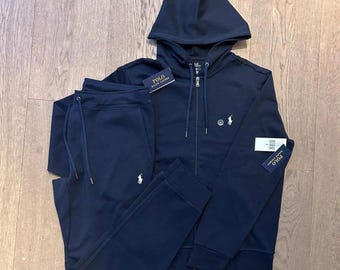 Mens Polo Ralph Lauren Blue Sweatsuit Hoodie Joggers Printed Logo Fleece Tracksuit Polo Streetwear