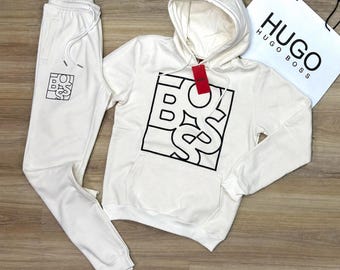Mens White Luxury Tracksuit Hoodie Joggers Sweatsuit Minimal Graphic Streetwear Matching Set