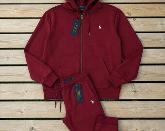 Conjunto deportivo unisex burdeos con capucha y logotipo estampado, chándal polar estilo polo, ropa de calle