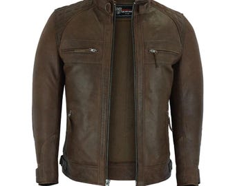 Chaqueta de motociclista Café Racer de cuero marrón para hombre, abrigo de montar de piel de vaca vintage