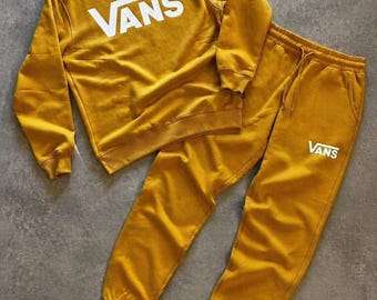 Conjunto deportivo de chándal para hombre color mostaza con sudadera con capucha y pantalón de chándal estilo Vans, ropa urbana para correr.