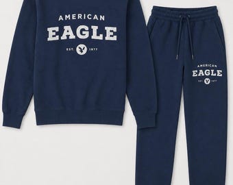 Conjunto deportivo de chándal para hombre con sudadera con capucha y pantalón de chándal de felpa con logo de American Eagle. Ropa urbana para correr.