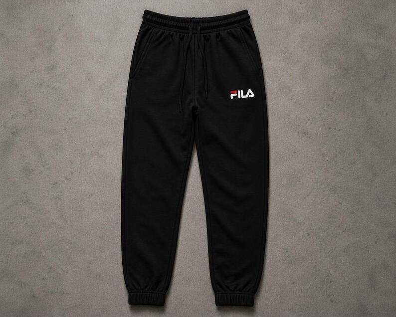 May include: Black sweatpants featuring an elastic waistband with a drawstring and ribbed cuffs at the ankles. The FILA logo is embroidered in white and red on the upper left thigh. The fabric has a smooth texture and a consistent solid black color.